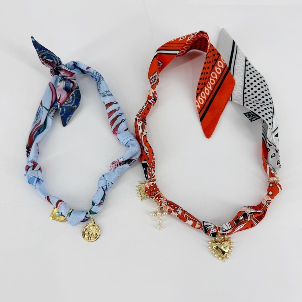 Bundle of 2 Scarf Necklaces with Charms Blue and Orange
